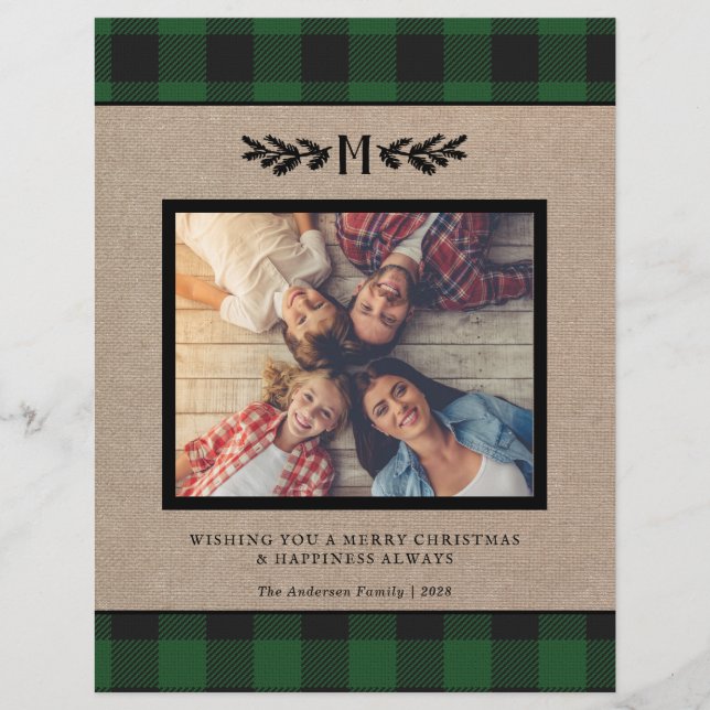 Budget Burlap Buffalo Plaid Monogram Photo Holiday Flyer (Front)