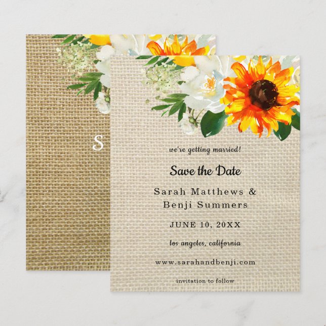 Budget Burlap Sunflower & Whi Floral Save the Date (Front/Back)
