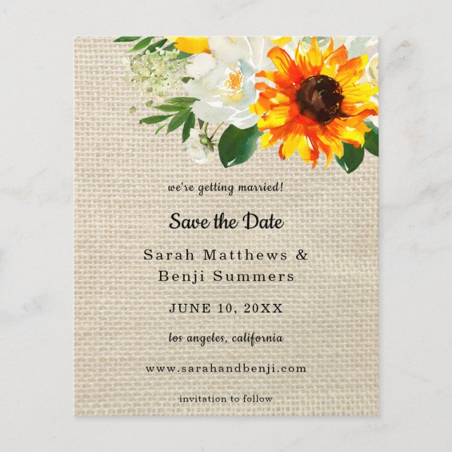 Budget Burlap Sunflower & Whi Floral Save the Date Flyer (Front)