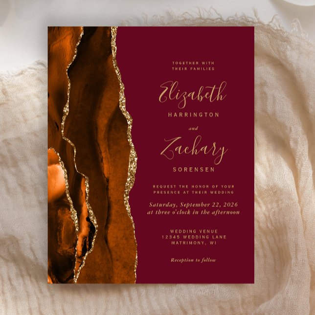 Budget Burnt Orange Agate Burgundy Wedding Invite (Creator Uploaded)