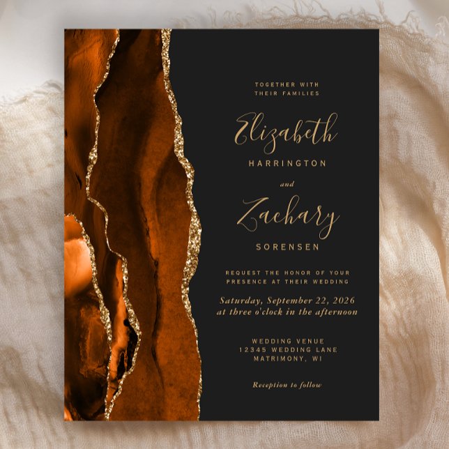 Budget Burnt Orange Agate Dark Wedding Invitation (Creator Uploaded)