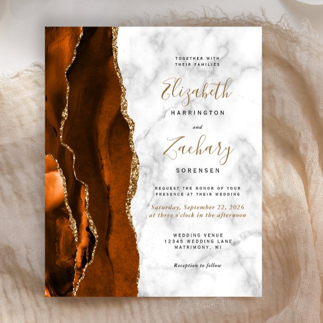 Budget Burnt Orange Agate Marble Wedding Invite (Creator Uploaded)