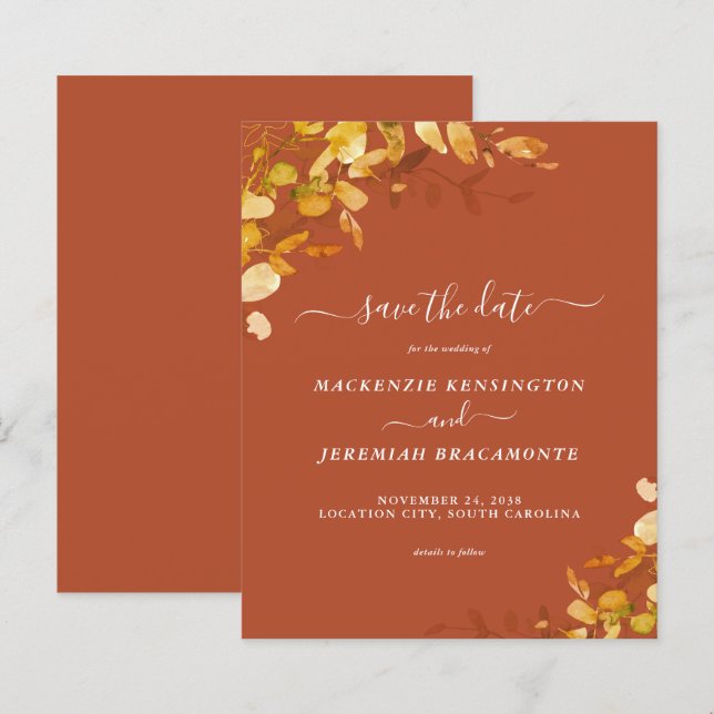 Budget Burnt Orange Botanical Save the Date (Front/Back)