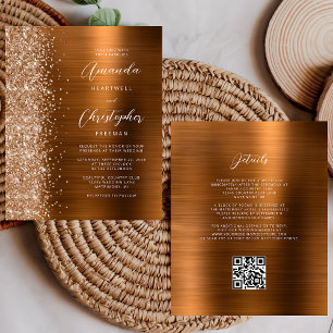 Budget Burnt Orange Glam QR Code Wedding Invite