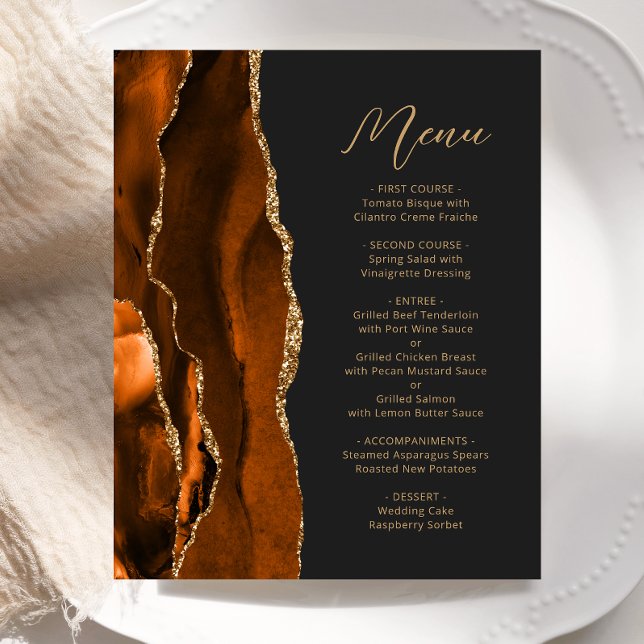 Budget Burnt Orange Gold Agate Dark Wedding Menu (Creator Uploaded)