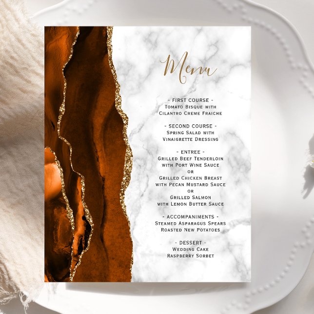 Budget Burnt Orange Gold Agate Marble Wedding Menu (Creator Uploaded)