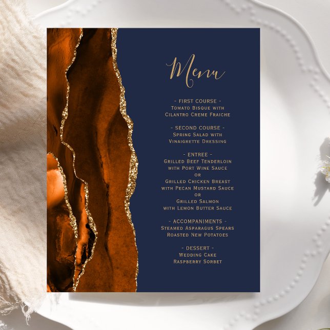 Budget Burnt Orange Gold Agate Navy Wedding Menu (Creator Uploaded)