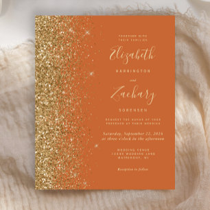 Budget Burnt Orange Gold Glitter Wedding Invite