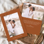 Budget Burnt Orange Wedding Photo Thank You Cards<br><div class="desc">Budget Burnt Orange Wedding Thank You Cards that have a photo on the front and back. The Thank you cards contain a modern hand lettered cursive script typography that are elegant,  simple and modern to use after you minimalist simple wedding day celebration.</div>