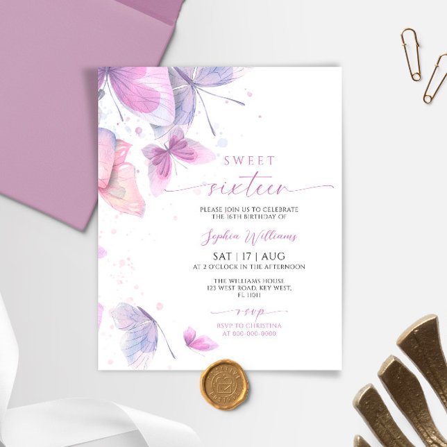 Budget Butterflies Sweet 16 Birthday Invitation (Creator Uploaded)