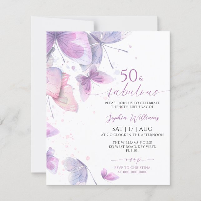 Budget Butterfly 50 & Fabulous Birthday Invitation (Front)