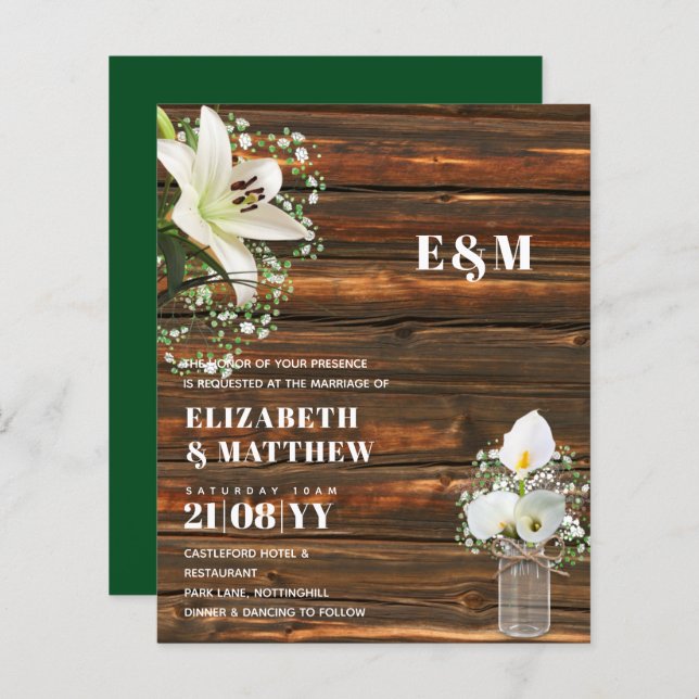 BUDGET Calla Lilies Chic Shabby Wedding Invite (Front/Back)