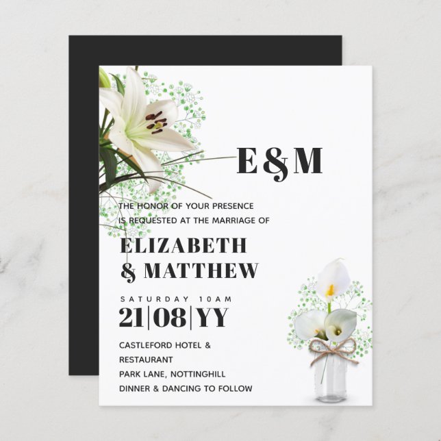 BUDGET Calla Lilies Chic Shabby Wedding Invite (Front/Back)