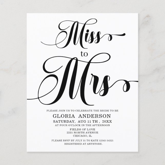 Budget Calligraphy Bridal Shower Invitation (Front)
