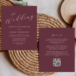 Budget Calligraphy Burgundy QR Code Wedding Invite