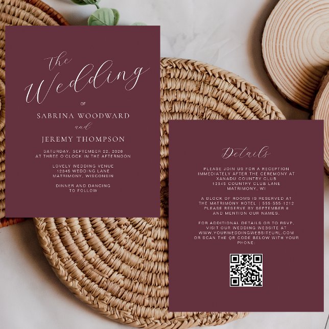 Budget Calligraphy Burgundy QR Code Wedding Invite (Creator Uploaded)