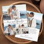 Budget Calligraphy Collage Wedding Thank You Flyer<br><div class="desc">Budget, Minimalist Modern Elegant „Love and thanks” Script 3 Photo Collage Wedding Thank You personalised affordable low budget flyer. Stylish wedding thank you paper template featuring four (3) photo on the front and one photo on the back. With the text „Love and thanks” in a swirly hand lettered calligraphy script...</div>