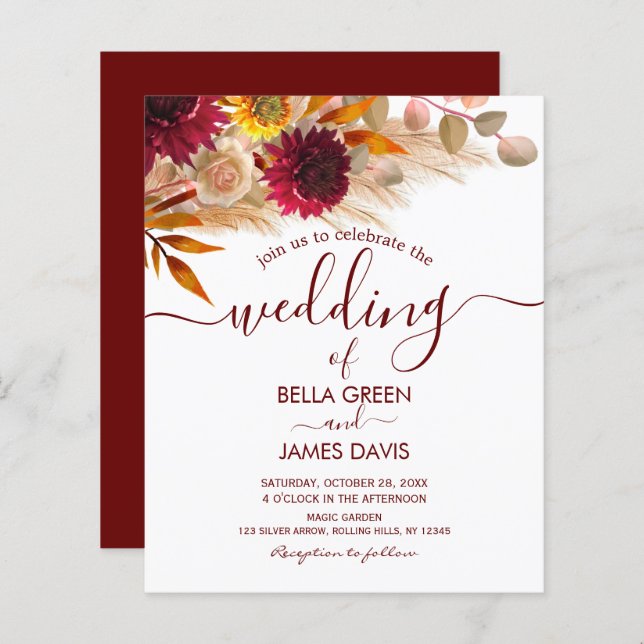 Budget Calligraphy Fall Foliage Wedding Invitation (Front/Back)