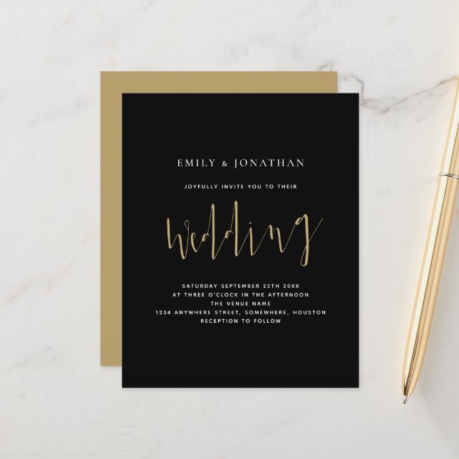 Budget Calligraphy Gold Black Wedding Invitation (Front/Back In Situ)