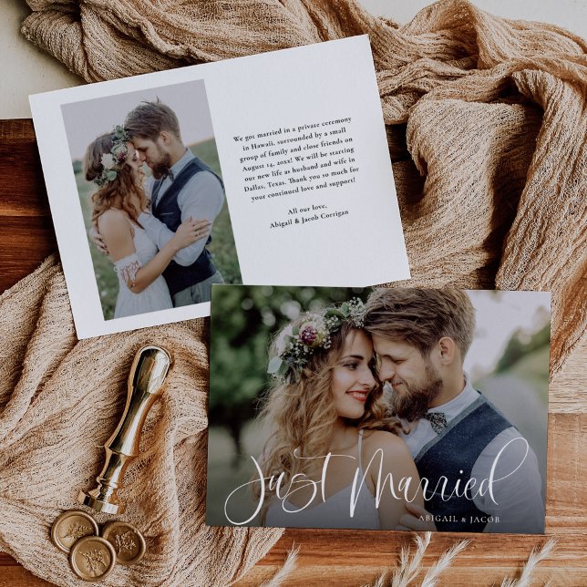 Budget Calligraphy Just Married Wedding Photo Announcement (Creator Uploaded)