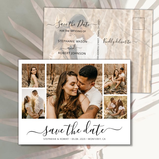 Budget Calligraphy Photo Collage Save The Date Announcement Postcard (Creator Uploaded)