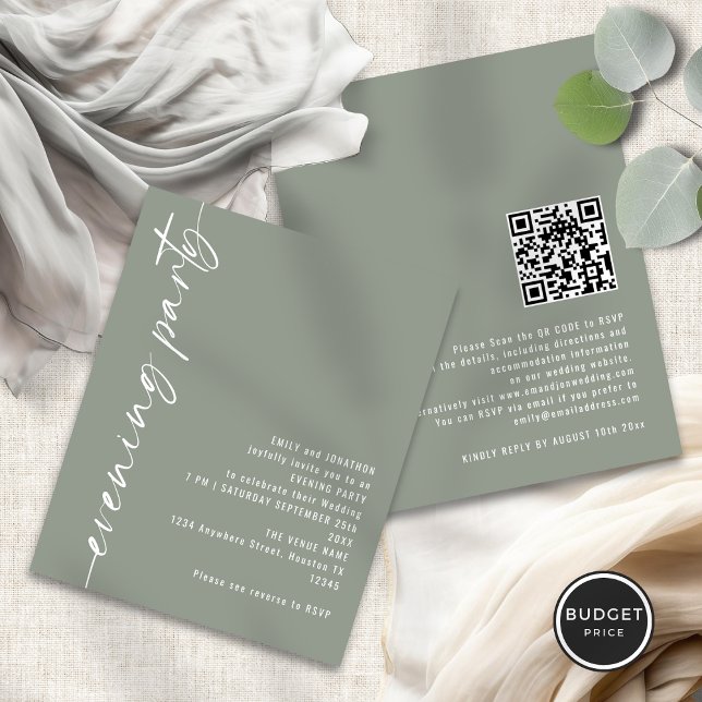 Budget Calligraphy QR Sage Wedding Evening Party (Front and back view)