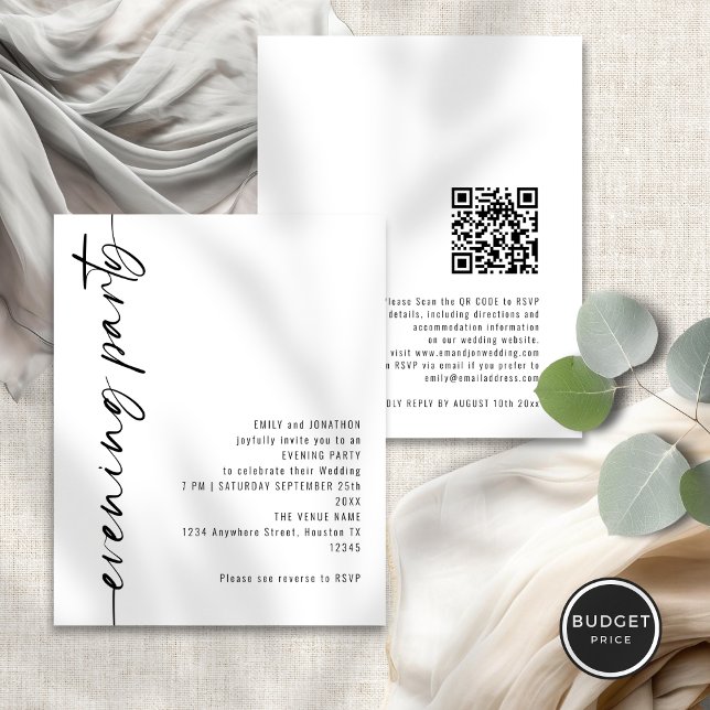 Budget Calligraphy QR Wedding Evening Party Guests (Front and back view)