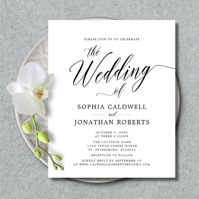 Budget Calligraphy Website RSVP Wedding Invitation (Budget Wedding Invitation - Website RSVP - Elegant Splendor Calligraphy - Black and White)