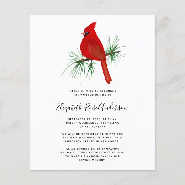 BUDGET Cardinal Celebration of Life Invitation (Front)