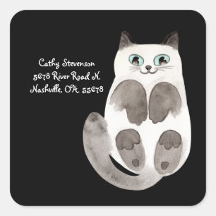 Budget Cat Watercolor Typography Return Address Sq Square Sticker