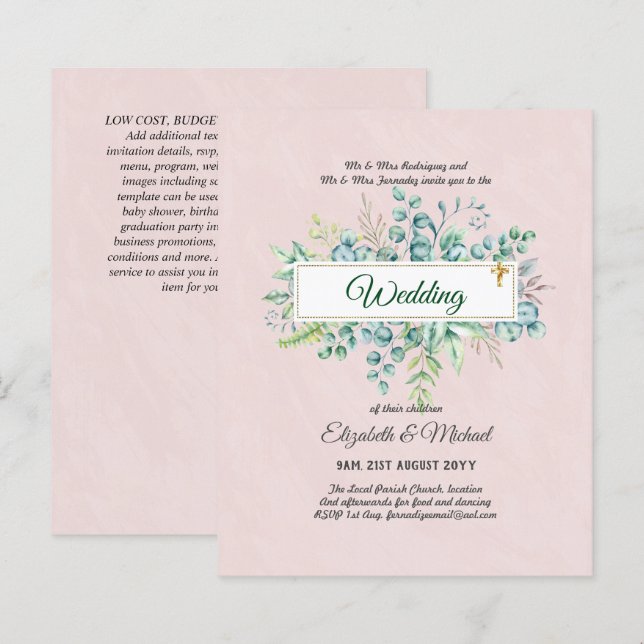 Budget CATHOLIC Christian WEDDING Greenery INVITES (Front/Back)