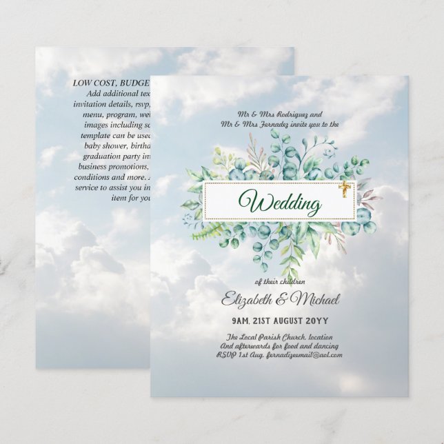 Budget CATHOLIC Christian WEDDING Greenery INVITES (Front/Back)