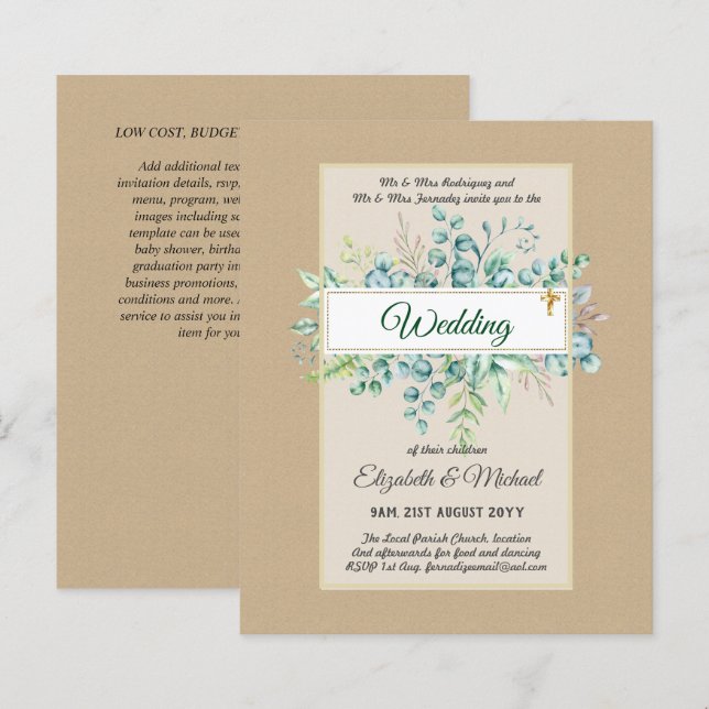 Budget CATHOLIC Christian WEDDING Greenery INVITES (Front/Back)