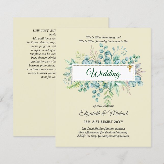 Budget CATHOLIC Christian WEDDING Greenery INVITES (Front/Back)
