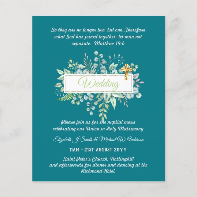 BUDGET Catholic Wedding Invitations Greenery Cross (Front)