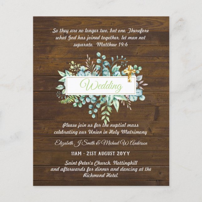 BUDGET Catholic Wedding Invitations Greenery Cross (Front)