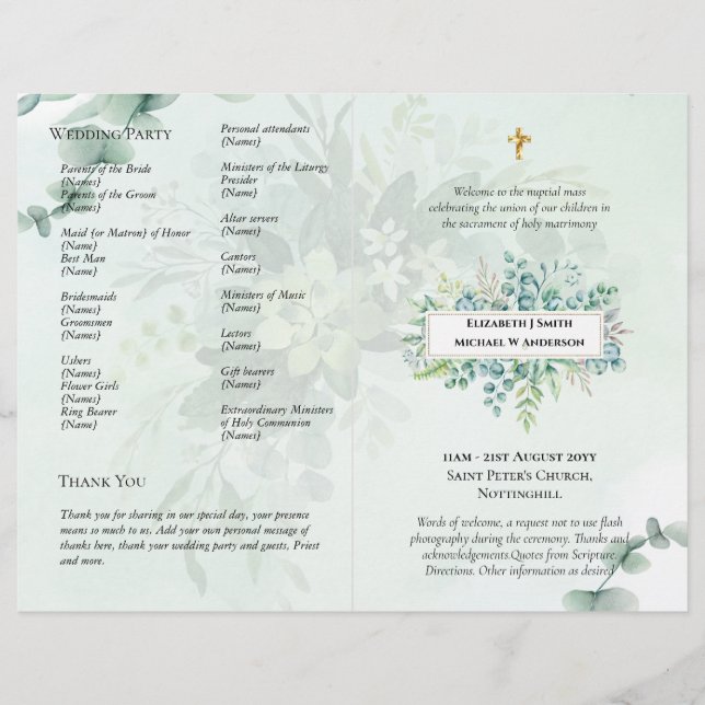 BUDGET Catholic Wedding Nuptial Mass Program Green Flyer (Front)