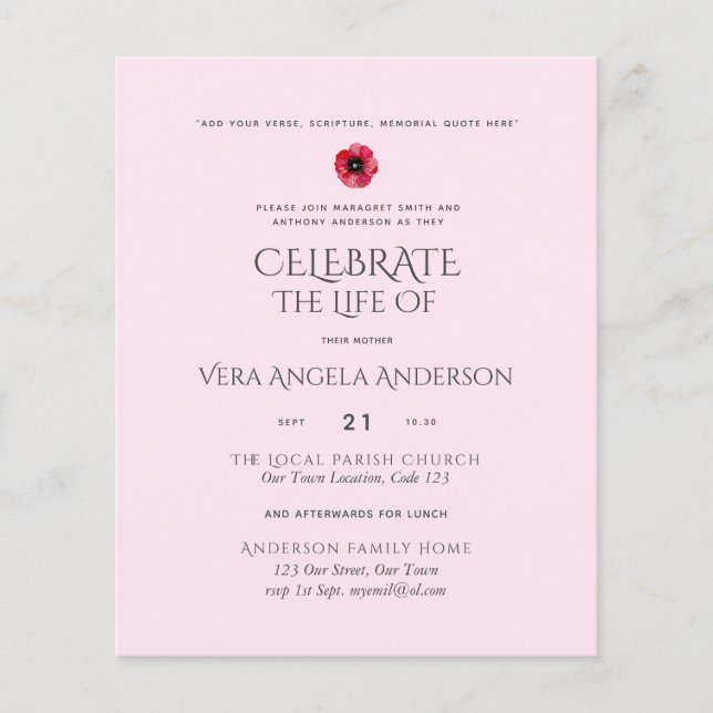 Budget Celebration of Life Memorial Funeral Invite (Front)