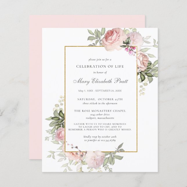 Budget Celebration of Life Pink Floral Invitation (Front/Back)
