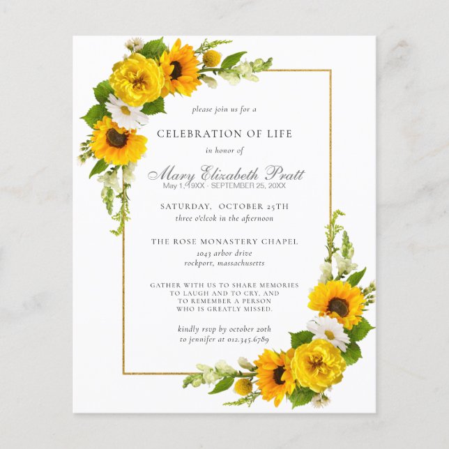 Budget Celebration of Life Sunflowers Invitation (Front)
