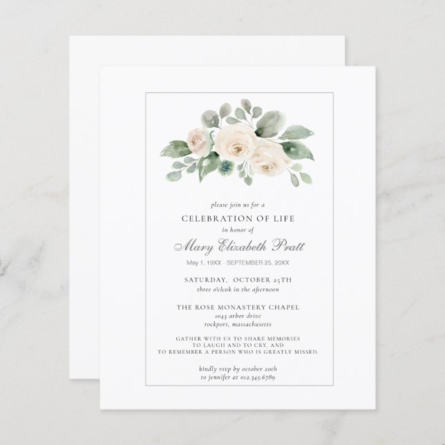 Budget Celebration of Life White Floral Invitation (Front/Back)