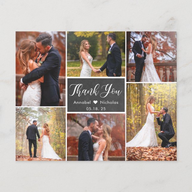 Budget Chalkboard Collage Wedding Thank You Card (Front)