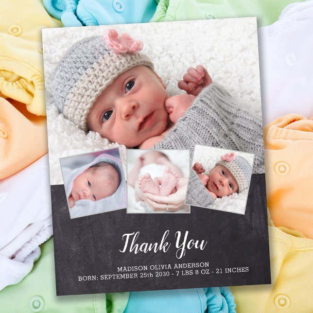 Budget Chalkboard New Baby 4 Photo Thank You Card (Creator Uploaded)