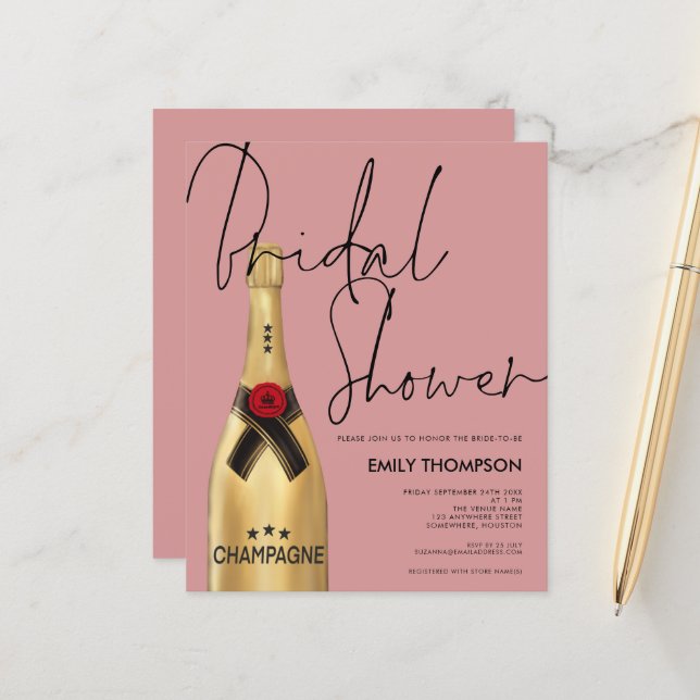 Budget Champagne Bottle Dusty Rose Bridal Shower (Front/Back In Situ)