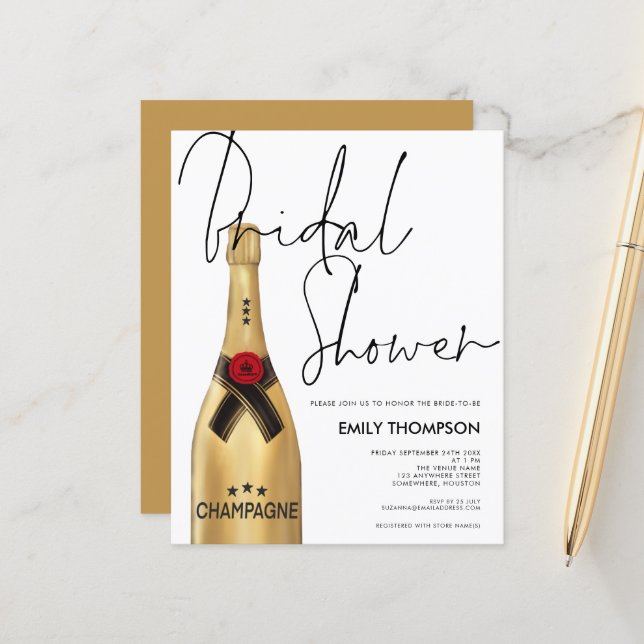 Budget Champagne Bottle Script Gold Bridal Shower (Front/Back In Situ)