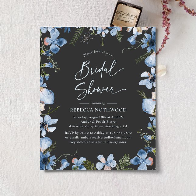 Budget Charcoal Blue Chic Bridal Shower Invitation (Creator Uploaded)