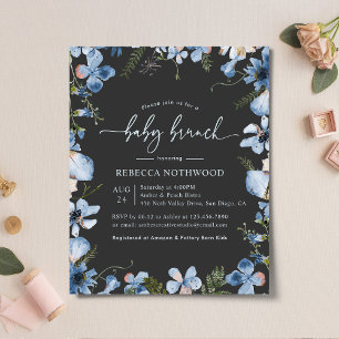 Budget Charcoal Blue Floral Baby Brunch Invitation