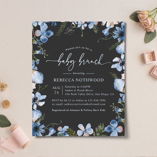Budget Charcoal Blue Floral Baby Brunch Invitation (Creator Uploaded)