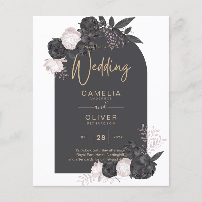 BUDGET Charcoal Gray Pink Roses Wedding INVITE Flyer (Front)