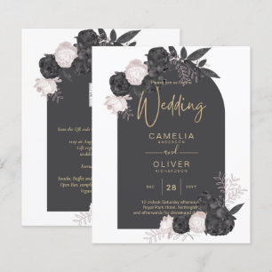 BUDGET Charcoal Grey Pink Roses Wedding INVITE